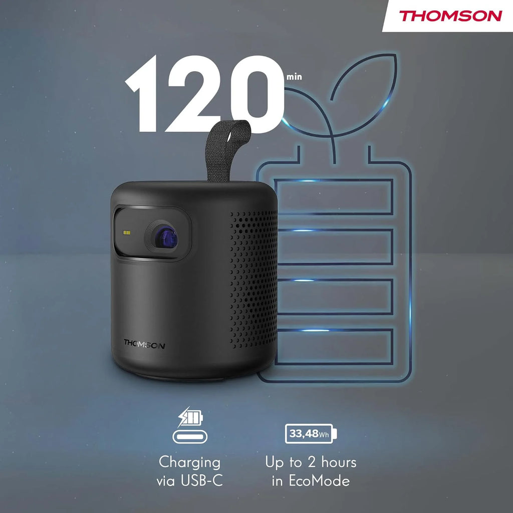 Thomson Sirius PG55B Inteligentny Projektor Laserowy RGB, Bardzo Krótki Rzut, Full HD 1080p, Google TV, 600 ANSI, Autofocus, HDR10+, Dolby Digital+, Bateria, WiFi, Bluetooth