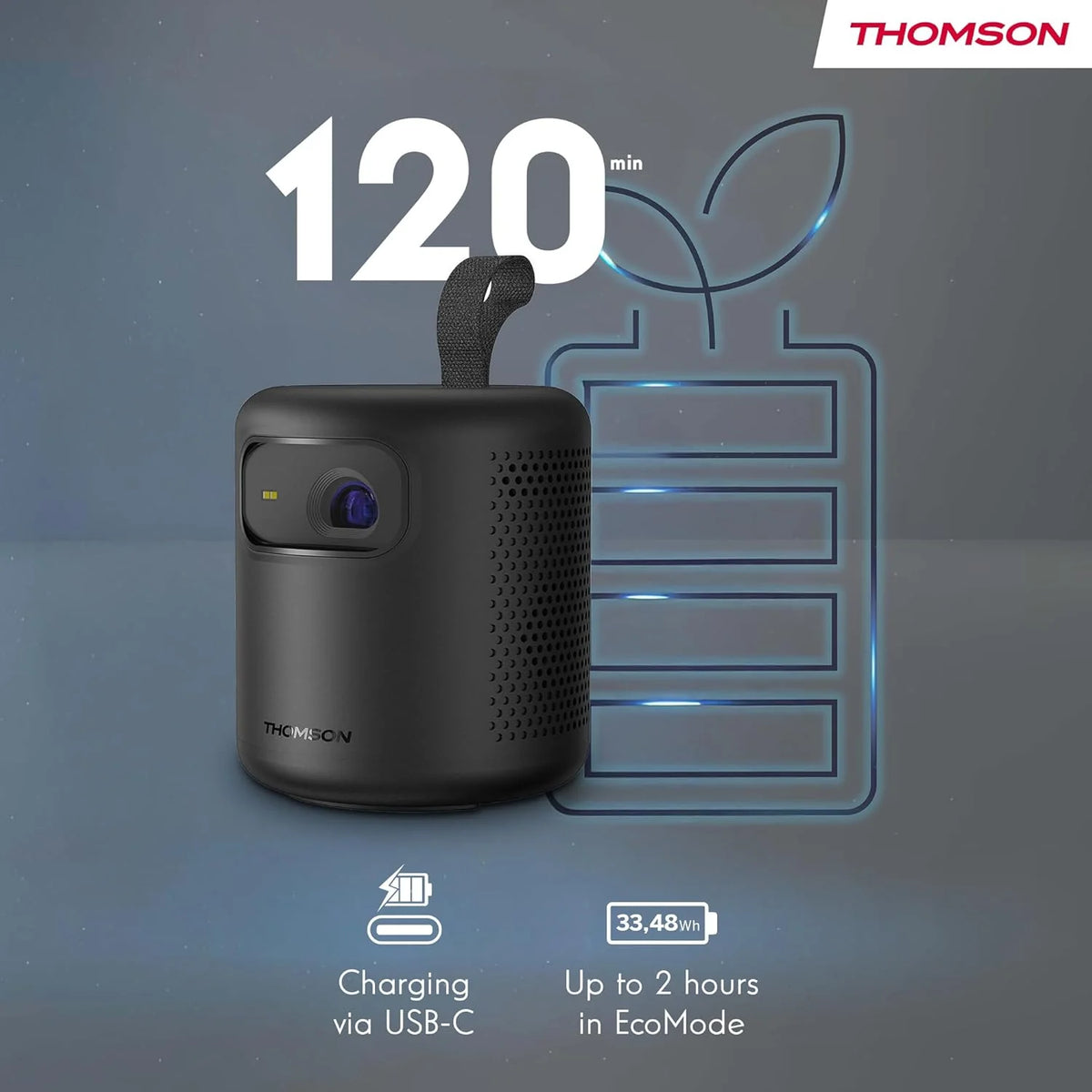 Thomson Sirius PG55B Inteligentny Projektor Laserowy RGB, Bardzo Krótki Rzut, Full HD 1080p, Google TV, 600 ANSI, Autofocus, HDR10+, Dolby Digital+, Bateria, WiFi, Bluetooth