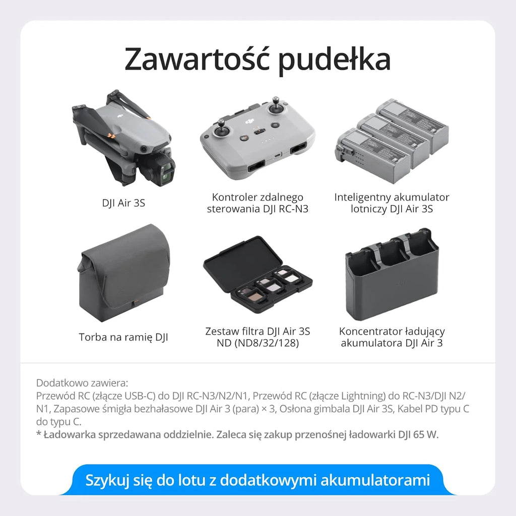 Pakiet DJI Air 3S Flight More (RC-N3), dron szerokokątny z 1 CMOS i telekamerą średnią, wideo 4K/60 kl./s HDR, wielokierunkowe wykrywanie przeszkód w nocnych scenach i 3 bateriami, aby latać więcej