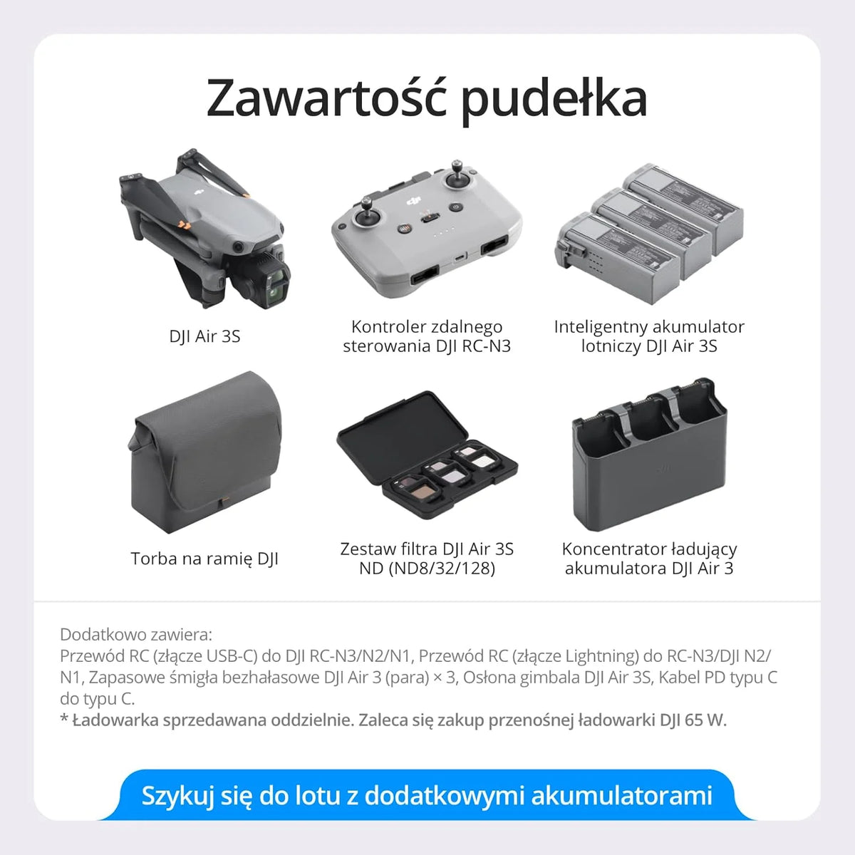 Pakiet DJI Air 3S Flight More (RC-N3), dron szerokokątny z 1 CMOS i telekamerą średnią, wideo 4K/60 kl./s HDR, wielokierunkowe wykrywanie przeszkód w nocnych scenach i 3 bateriami, aby latać więcej