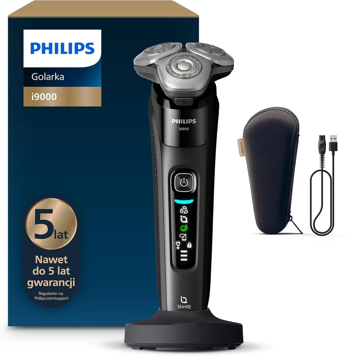 Philips Shaver i9000, golarka elektryczna do golenia na mokro i na sucho, technologią Skin IQ, systemem Triple Lift & Cut, podwójnymi ostrzami SteelPrecision obracającymi się o 360 stopni, X9000/10