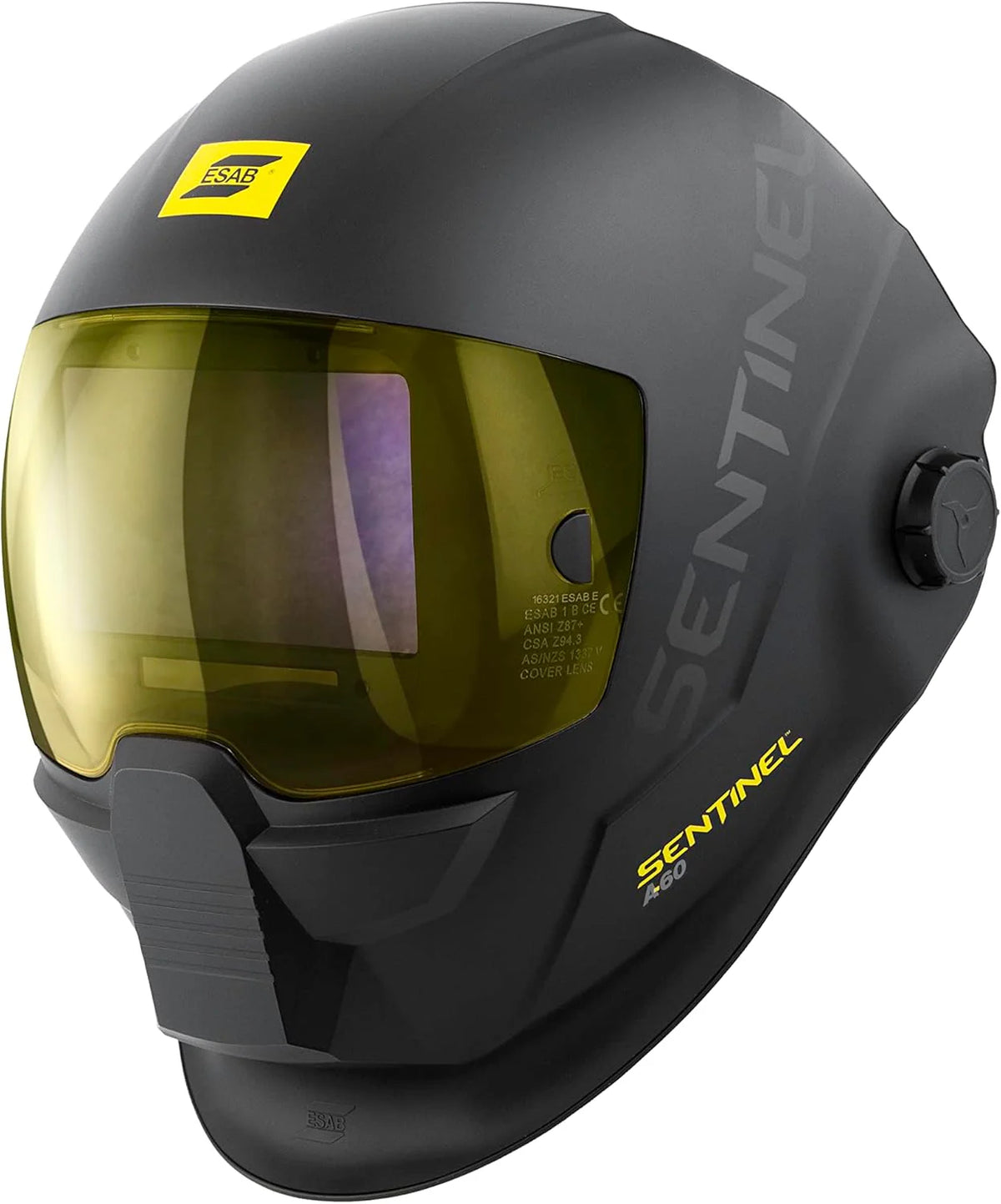 ESAB® Sentinel™ A60 kask spawalniczy, czarna, płaska konstrukcja, odporny na uderzenia nylon, duży obszar widzenia 11,8 x 7,1 cm