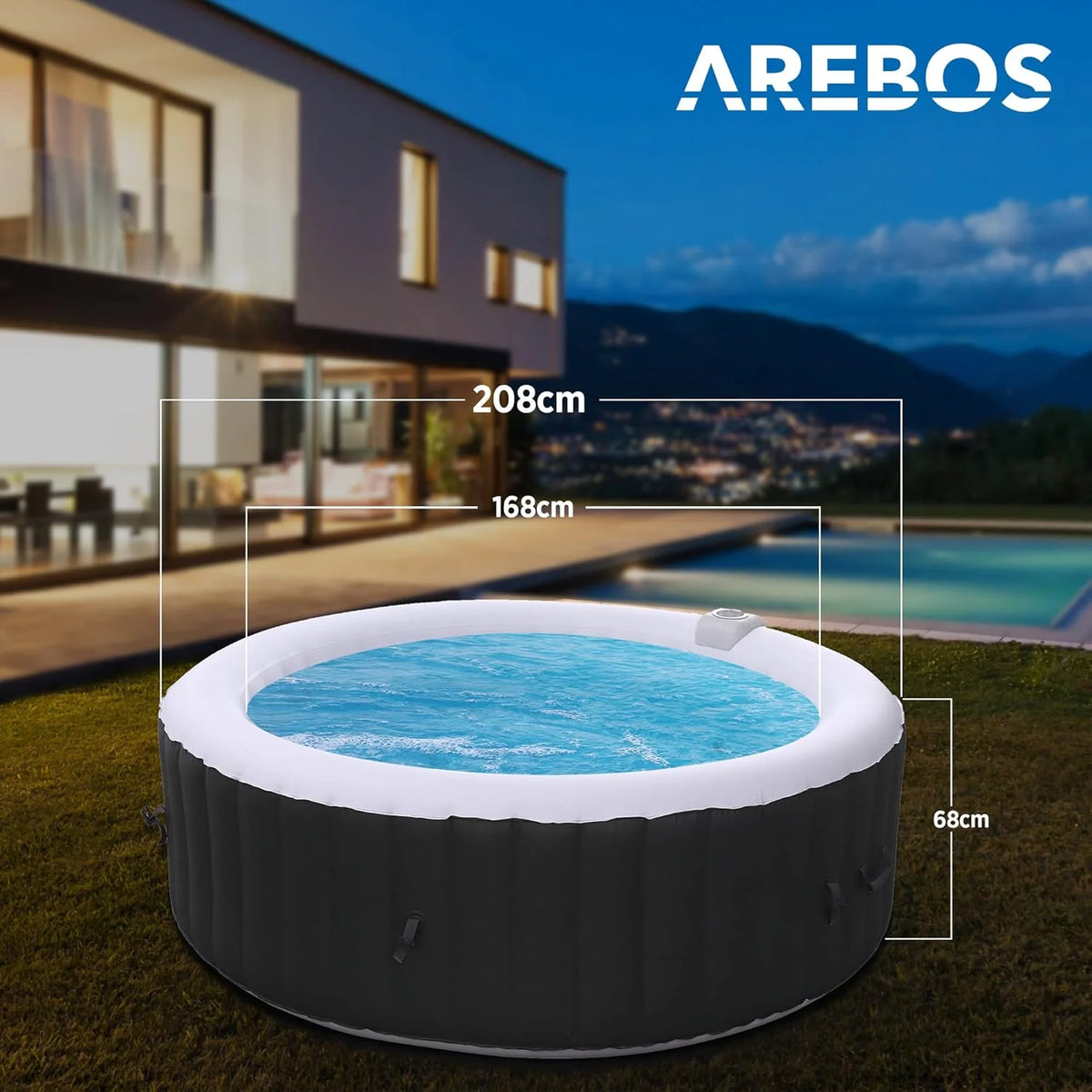 Arebos Nadmuchiwane Spa | do wnętrz i na zewnątrz | 6 osób | 208 cm | Okrągły | 130 dysz masujących | 1000 litrów | z ogrzewaniem | Spa i dobre samopoczucie