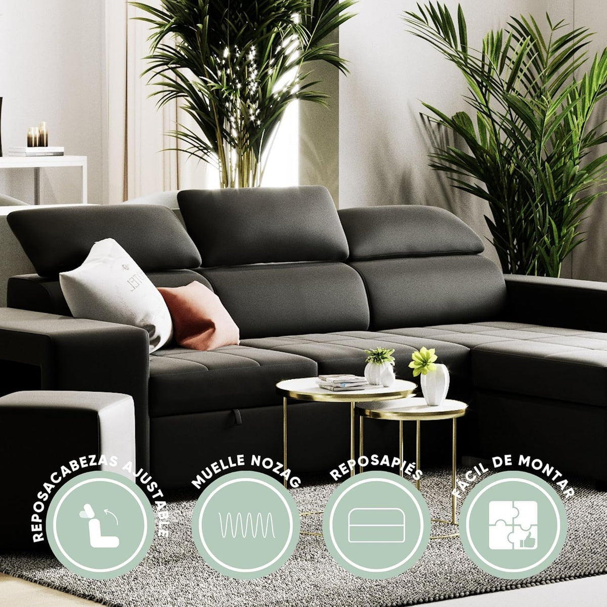 Sofa narożna BUDWING John 4-osobowa z funkcją spania – rozkładana leżanka, regulowany zagłówek i 2 pufy – tapicerowana poliuretanem – styl nowoczesny – 263 x 161 x 96 cm – kolor czarny