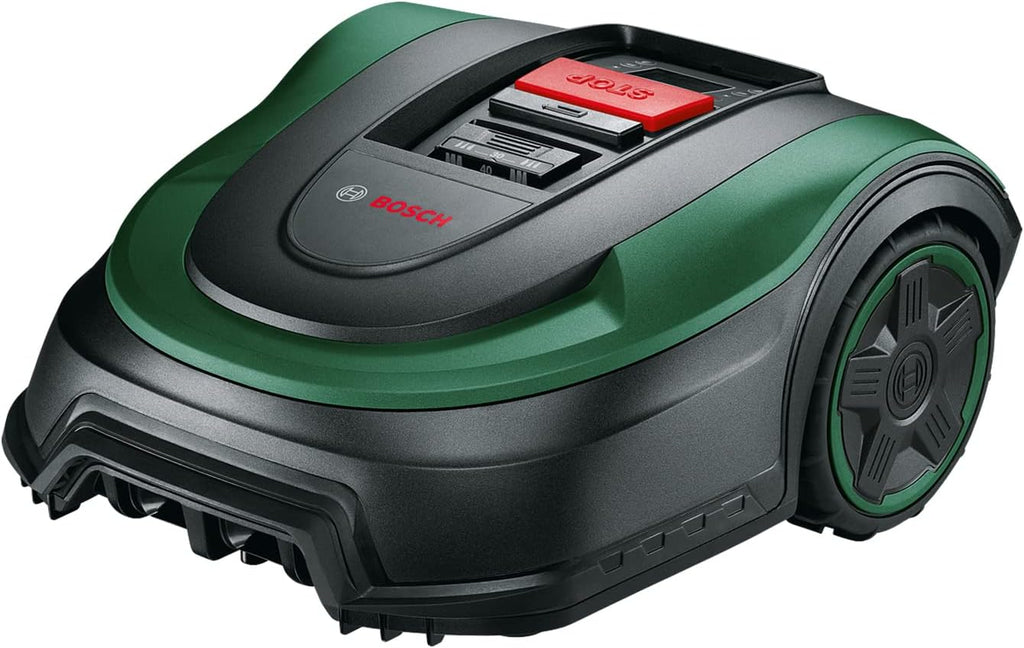 Bosch Home and Garden automatyczna kosiarka trawnikowa Indego S+ 500 (z akum. 18V i funkcją aplikacji, stacja ładująca w zestawie, szer. koszenia 19cm, do trawników o powierzchni do 500m², w kartonie)