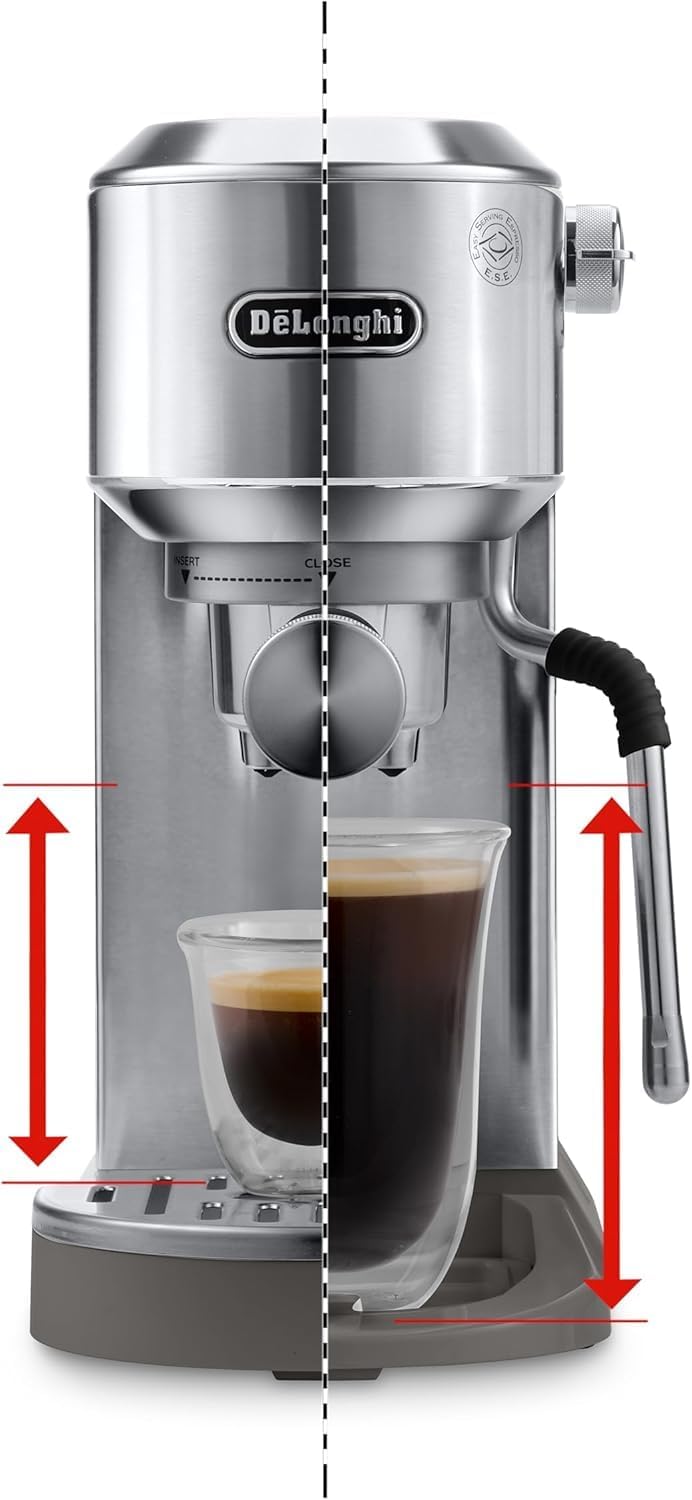 De'Longhi Dedica – Ekspres do kawy ze stali nierdzewnej z pompką do kawy mielonej lub na kapsułki, espresso i cappuccino, zbiornik 1,3 litra, system zapobiegający kapaniu, model EC685.M, kolor metaliczny