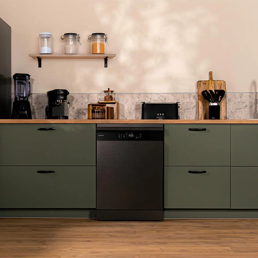 Cecotec Zmywarka 60 cm Bolero Aguazero 6800 Dark A. 14 sztućców, niskie zużycie energii, silnik inwerterowy Plus Duo, 8 programów, mycie automatyczne, czyszczenie parowe, czyszczenie wewnątrz i