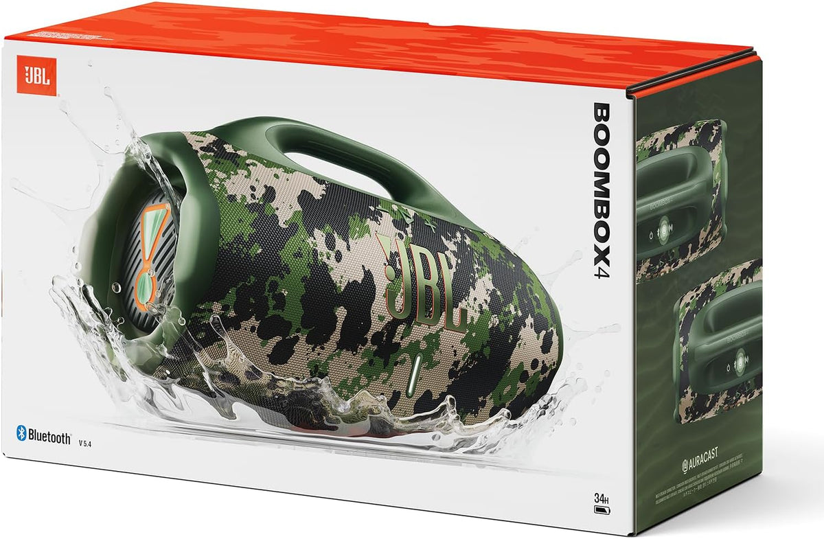 JBL Boombox 4 – przenośny głośnik Bluetooth z dźwiękiem JBL Pro Sound i AI Sound Boost, wodoodporny, pyłoszczelny (IP68), do 34 h odtwarzania, Auracast, 2 tryby wzmocnienia basu, czarny