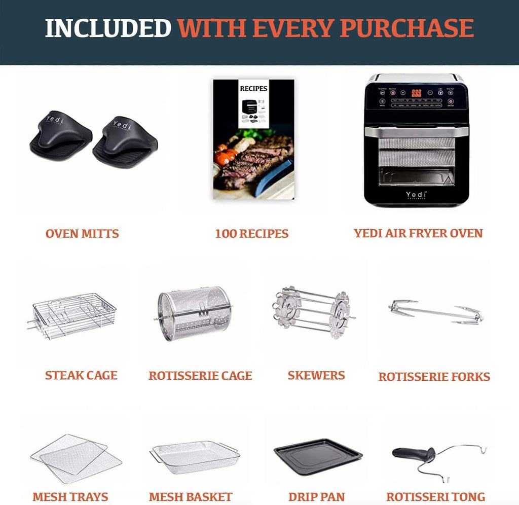 Yedi Total Package Air Fryer Oven XL, 12 litrów, zestaw akcesoriów Deluxe, przepisy kulinarne, bez BPA, automatyczne wyłączanie, kolor czarny