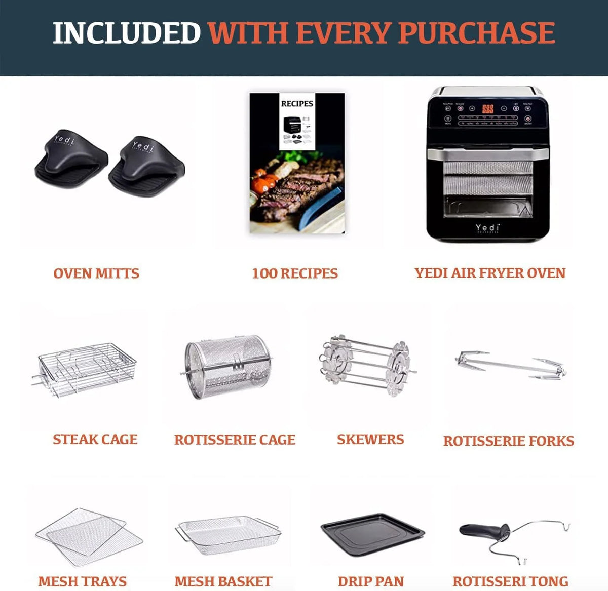 Yedi Total Package Air Fryer Oven XL, 12 litrów, zestaw akcesoriów Deluxe, przepisy kulinarne, bez BPA, automatyczne wyłączanie, kolor czarny