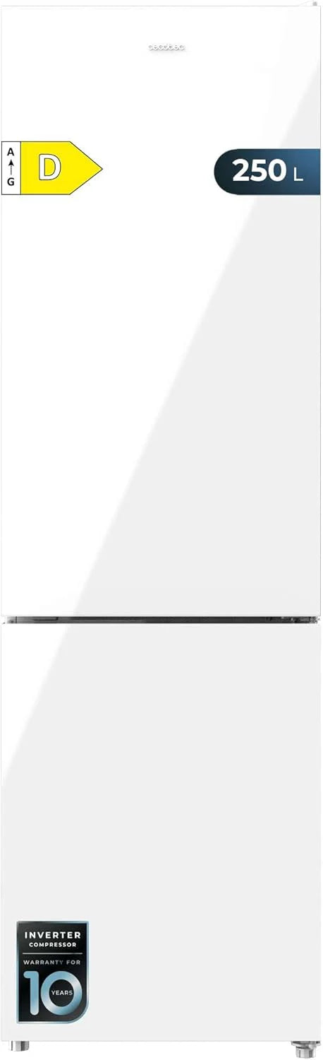 Cecotec Lodówka kombi Bolero CoolMarket Combi 250 White Glass D Inverter Plus kompresor, białe szkło 180 x 55 cm, 250 l, No Frost, klasa energetyczna D, Multi Air Flow, szybkie chłodzenie i pojemnik