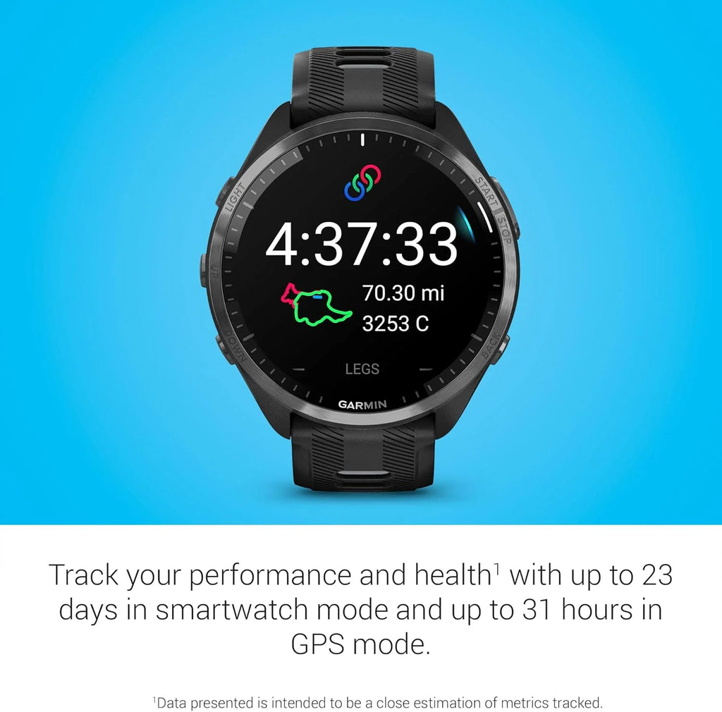 Garmin Forerunner® 965 Inteligentny zegarek do biegania, kolorowy wyświetlacz AMOLED, pomiary treningu i informacje o odzyskiwaniu, czarny i pudrowo-szary, 010-02809-00