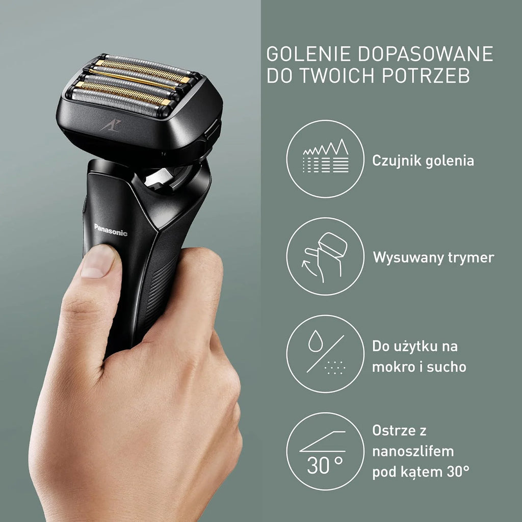 Panasonic ES-LS6A 6-Ostrzowa Golarka Elektryczna Dla Mężczyzn, Elektryczna Maszynka Do Golenia Z Czujnikiem Zarostu, Systemem Automatycznego Czyszczenia I Ładowania