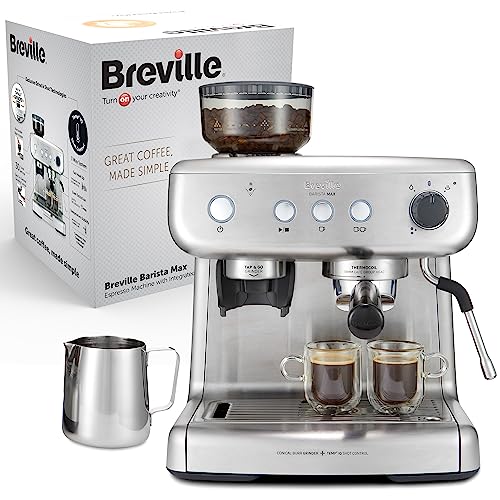 Breville Barista Max Ekspres do kawy Kolbowy VCF126X, Zbiornik na wodę 2.8L, Zintegrowany młynek do kawy i spieniacz do mleka, 15 Bar, Stal Szczotkowana
