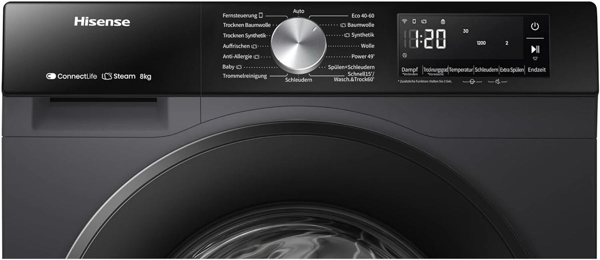 Hinsense WD3S8043BB3 pralko-suszarka ConnectLife /16 programów/8 kg, 54 litry/1400 obr./min/funkcja pary/JetWash/program antyalergiczny/program automatyczny/Eco Wash/Odświeżanie pary/wełna/EEK A-D