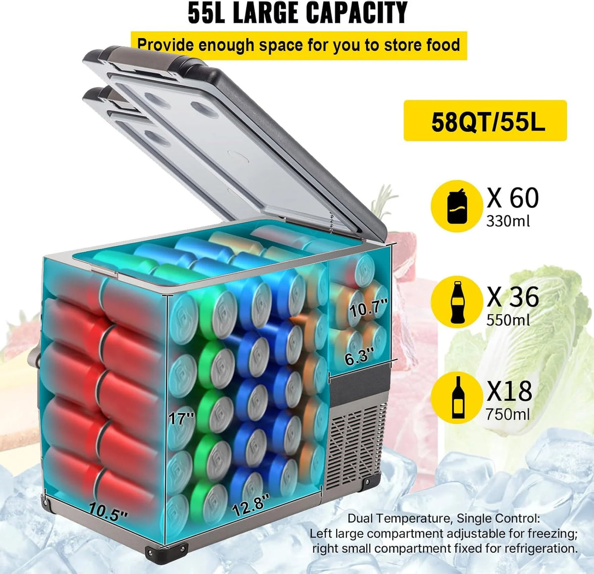 VEVOR Przenośna lodówka elektryczna 80 W, 12/24 V, wydajne chłodzenie -20℃ - 20℃ z niskim poziomem hałasu 45 dB, do samochodów i kamperów (55 l)