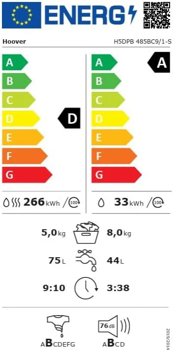 Hoo ver, Pralka Slim H-WASH 350, H3WP4474TAM6/1-S, Pralka ładowana od przodu, 7 KG, klasa A-10%, 1200 obrotów, 77 dB, Para, 16 programów, Opóźniony start, Biały, AxLxP 85x60x45 cm