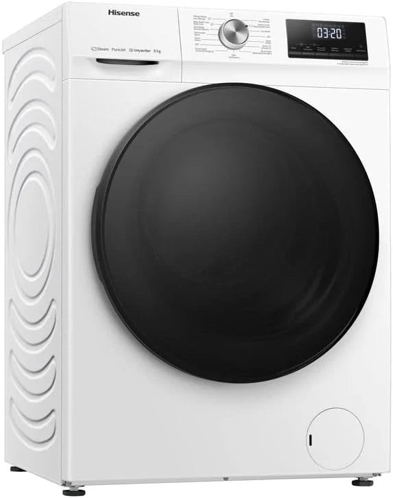 Hisense WF3S8043BW3 pralka z funkcją pary, 8 kg, 1400 obr./min, WiFi, ConnectLife, Power JetWash, program antyalergiczny, Aqua Stop, Auto Wash, Quick Wash, klasa efektywności energetycznej A-30%
