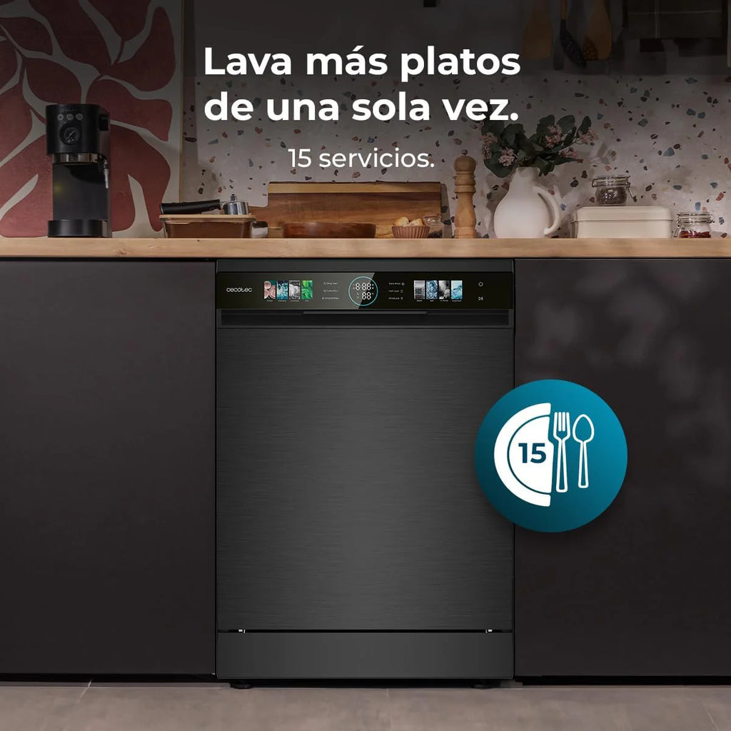 Cecotec Bolero Aguazero 60 cm kompaktowa zmywarka 6320 D, 1900 W, 15 sztućców, 8 programów, wyświetlacz FullColor XXL, Smart Wash, UV Light, Turbo Dry+, AutoClean, Średnie ładowanie, Delay Start