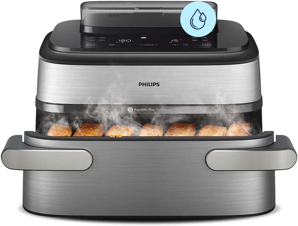 Philips Airfryer Ovi serii 5000 Megabasket z parą - Steamfry, Gotowanie na parze i Airfry, 28 metod gotowania; 9,5 l w Megabasket lub 3 l + 6 l w podwójnym koszu, RapidAir, czyszczenie parą (NA565/00)