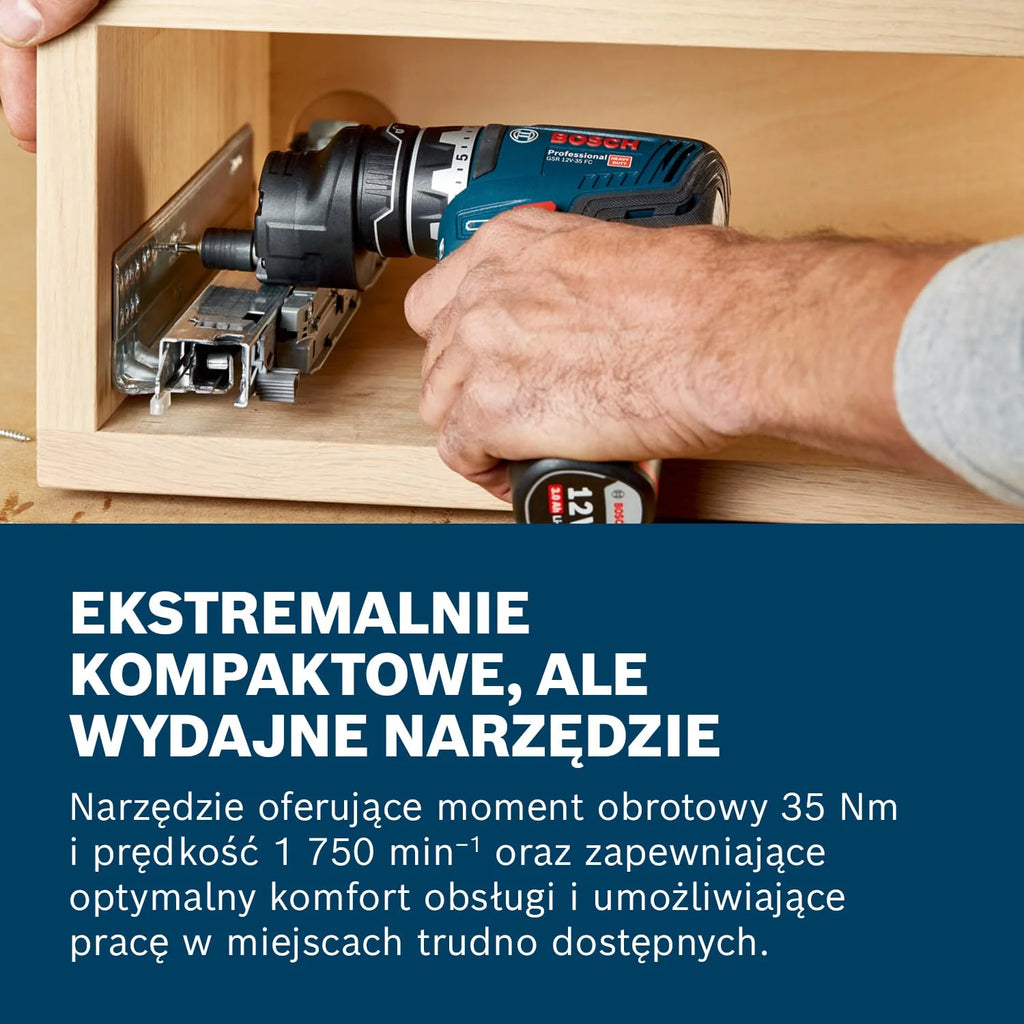 Bosch Professional system 12V: akumulatorowa wiertarko-wkrętarka GSR 12V-35 FC (2 akumulatory GBA 12V 3.0Ah, szybka ładowarka GAL 12V-40, 4 wymienne uchwyty FlexiClick, walizka L-BOXX)