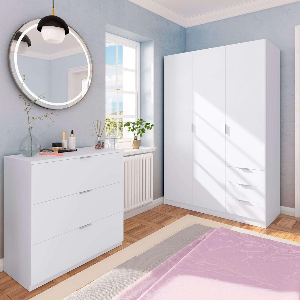 Szafa ubraniowa Habitdesign z trzema drzwiami i trzema szufladami, wykończenie w kolorze Artic White, wymiary: 121 cm (szer.) x 180 cm (wys.) x 52 cm (gł.)