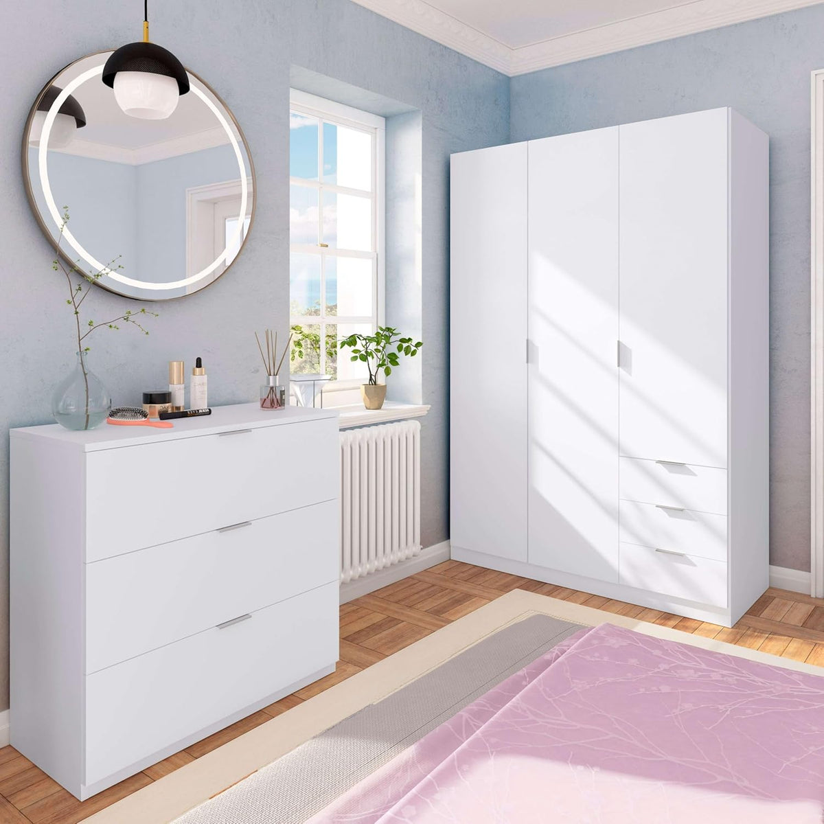 Szafa ubraniowa Habitdesign z trzema drzwiami i trzema szufladami, wykończenie w kolorze Artic White, wymiary: 121 cm (szer.) x 180 cm (wys.) x 52 cm (gł.)