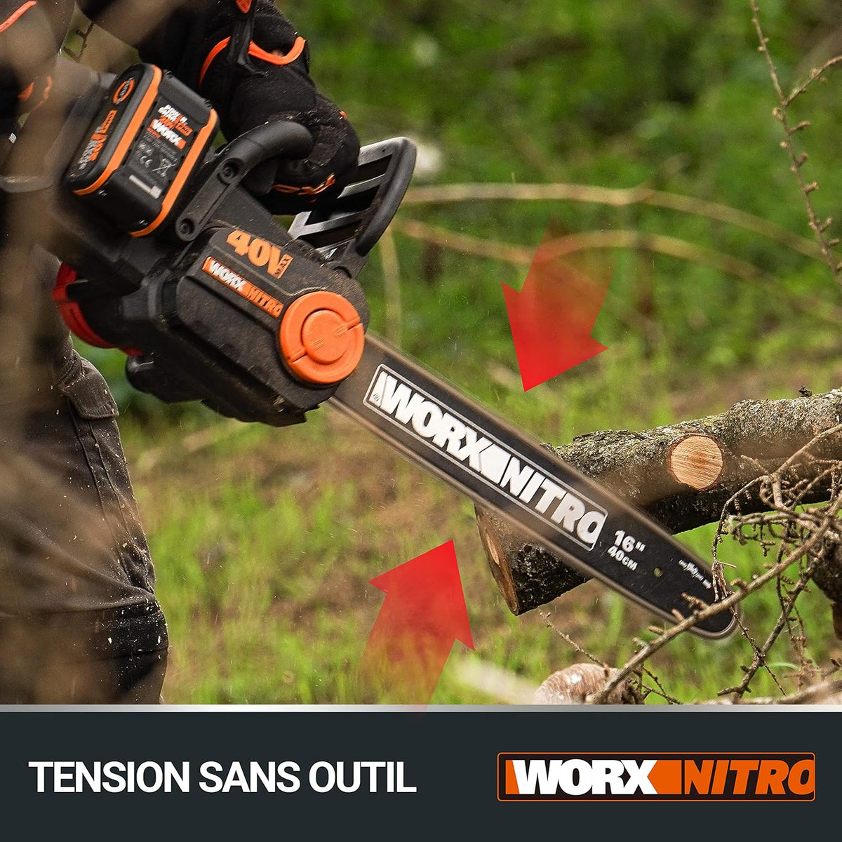 WORX WG385E Nitro Akumulatorowa Pilarka Łańcuchowa 40V(2 x 20V), Silnik Bezszczotkowy, Automatyczne Napinanie i Smarowanie Łańcucha, Długość Cięcia 40 cm, Prędkość Cięcia 18m/s