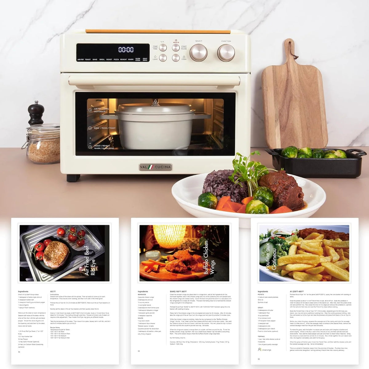VAL CUCINA - Frytkownica powietrzna na podczerwień, retro, duży piec konwekcyjny do blatu, 10 w 1, 6-kromkowy tost, emaliowana blacha do pieczenia, łatwa do