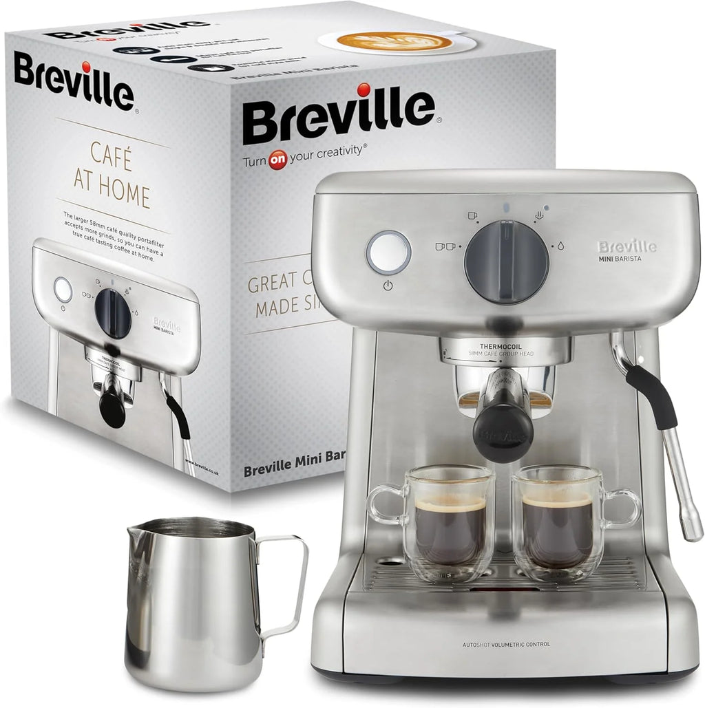 Breville Barista Max Ekspres do kawy Kolbowy VCF126X, Zbiornik na wodę 2.8L, Zintegrowany młynek do kawy i spieniacz do mleka, 15 Bar, Stal Szczotkowana