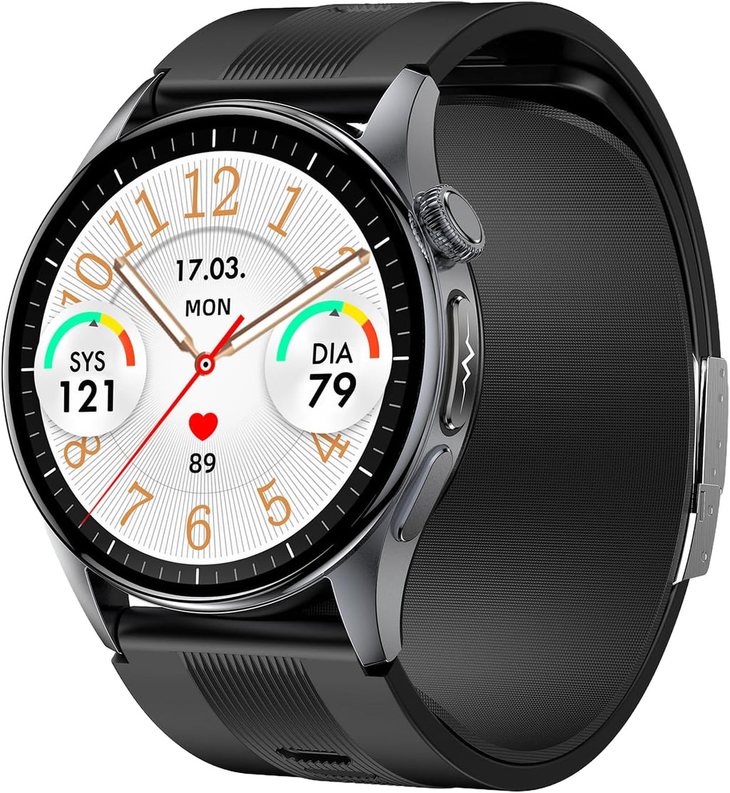 Knauermann PRO 4 Air (2026) Smartwatch i tracker fitness dla kobiet i mężczyzn, AMOLED zawsze włączony, IP66, Bluetooth 5.3, bateria do 25 dni, Android i iOS, czarny, okrągły, pakiet premium