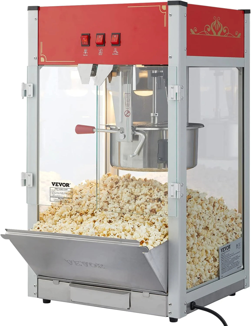 VEVOR Maszyna do popcornu – maszyna do popcornu 1440 W, z kociołkiem o pojemności 12 oz, na maks. 80 filiżanek na ładowanie, z hartowanego szkła i 3 łopatkami ze stali nierdzewnej