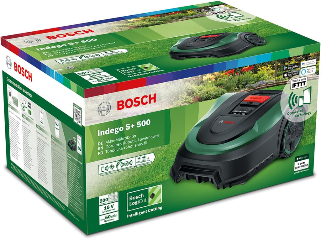 Bosch Home and Garden automatyczna kosiarka trawnikowa Indego S+ 500 (z akum. 18V i funkcją aplikacji, stacja ładująca w zestawie, szer. koszenia 19cm, do trawników o powierzchni do 500m², w kartonie)