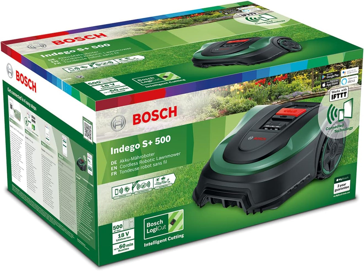Bosch Home and Garden automatyczna kosiarka trawnikowa Indego S+ 500 (z akum. 18V i funkcją aplikacji, stacja ładująca w zestawie, szer. koszenia 19cm, do trawników o powierzchni do 500m², w kartonie)