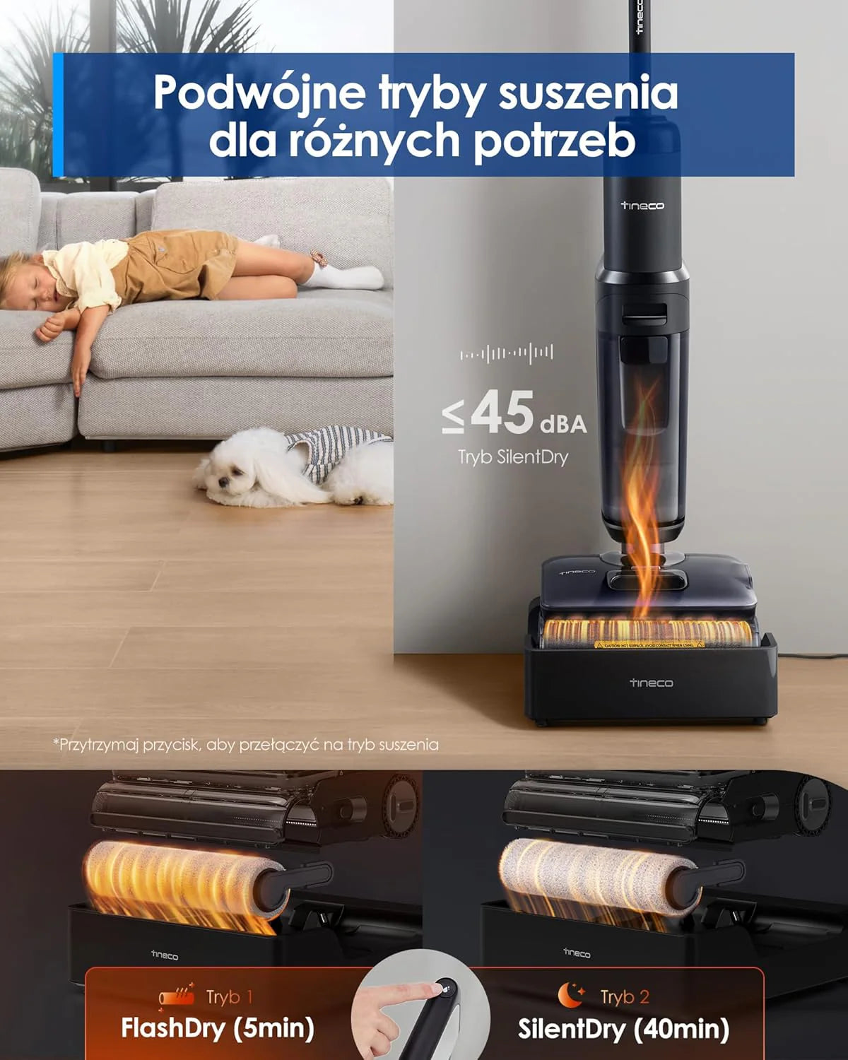 Tineco Floor ONE S7 Stretch Ultra Bezprzewodowy Odkurzacze na sucho i mokro, zapobiegająca splątaniu 180°, czas pracy 50 minut, samooczyszczanie Flashdry 85℃, dwustronne czyszczenie krawędzi