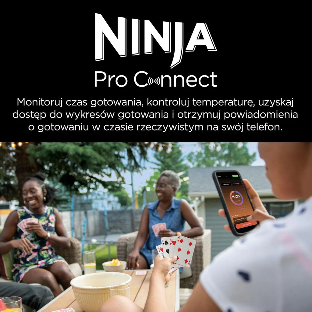Ninja Woodfire Pro Connect XL Grill elektryczny, wędzarnia i frytkownica 7 w 1, sterowany za pomocą aplikacji, termometr cyfrowy z sondą, opalany pelletem drzewnym, wodoodporny, czarny, OG901EU