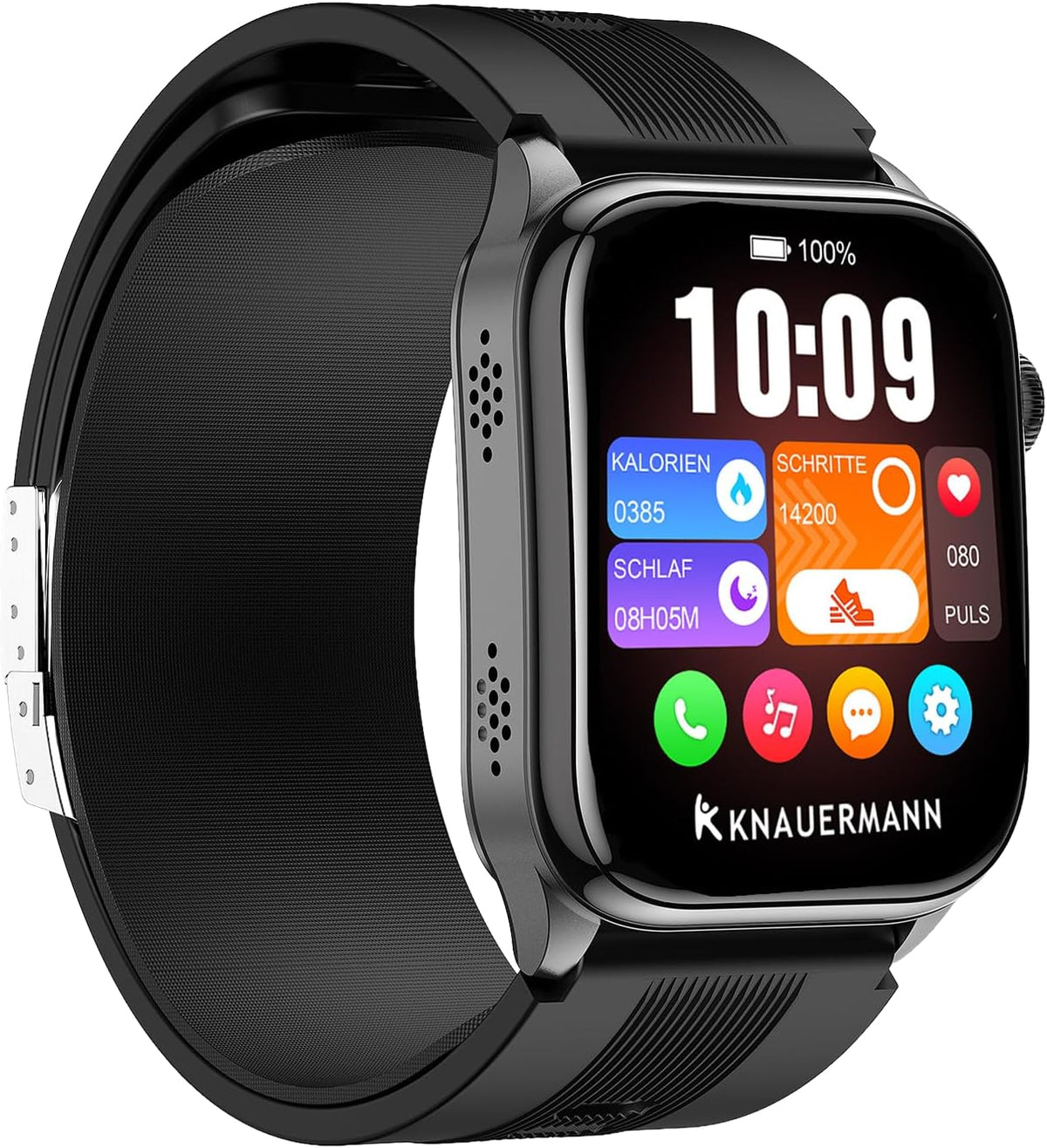 Knauermann PRO 4 Air (2026) Smartwatch i tracker fitness dla kobiet i mężczyzn, AMOLED zawsze włączony, IP66, Bluetooth 5.3, bateria do 25 dni, Android i iOS, czarny, kwadratowy, silikonowy pasek