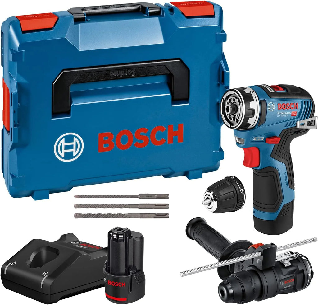 Bosch Professional GSR 12 V-35 FC Wiertarka Akumulatorowa 12V z 2 Akumulatorami 3,0 Ah, Ładowarka GAL 12 V-40, 2 Nasadki FlexiClick, zestaw akcesoriów, w L-BOXX – Ekskluzywna