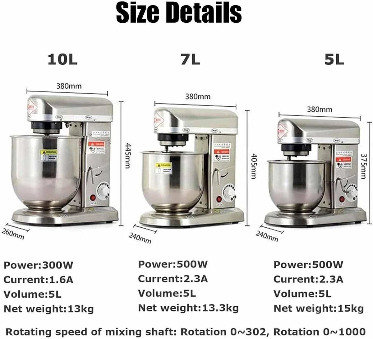 Mikser stojący do pieczenia, 3-biegowy mikser kuchenny ze stalową misą do mieszania, trzepaczką, mieszadłem do ciasta, 5L/7L/10L komercyjny mikser stojący do żywności,White-7L