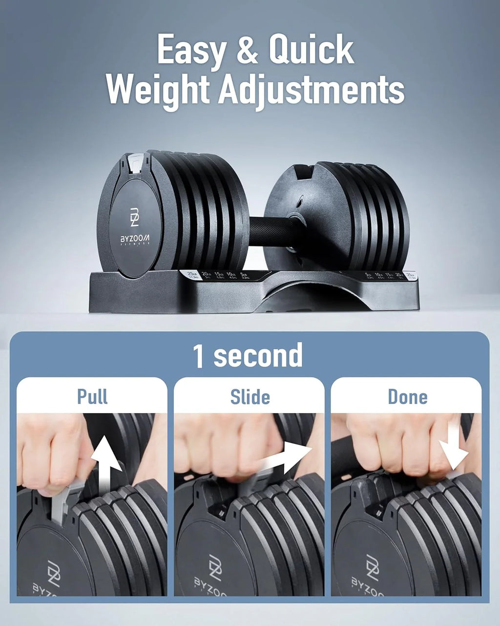 BYZOOM FITNESS Regulowane hantle – 12,5/11,3 kg pojedyncza jednostka LUB zestaw 5-12,7 cm - 1 regulowana waga do domowej siłowni, treningu siłowego i treningów fitness, biały lub czarny