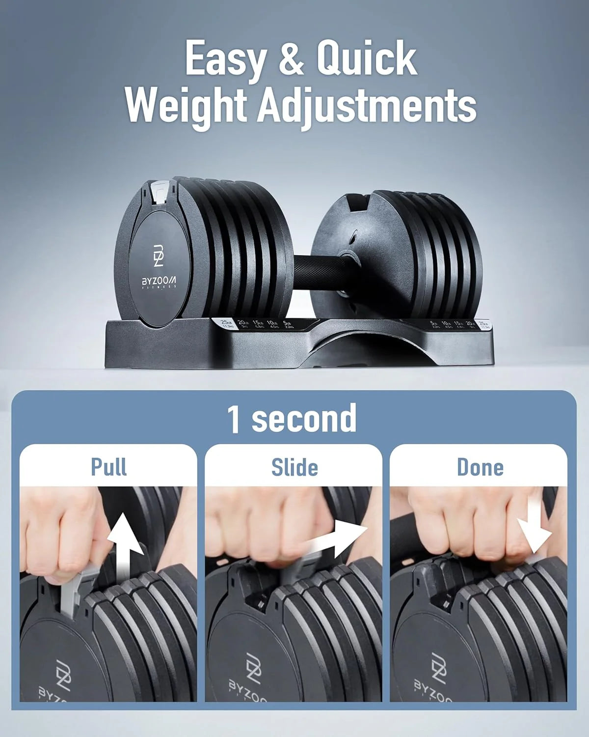 BYZOOM FITNESS Regulowane hantle – 12,5/11,3 kg pojedyncza jednostka LUB zestaw 5-12,7 cm - 1 regulowana waga do domowej siłowni, treningu siłowego i treningów fitness, biały lub czarny