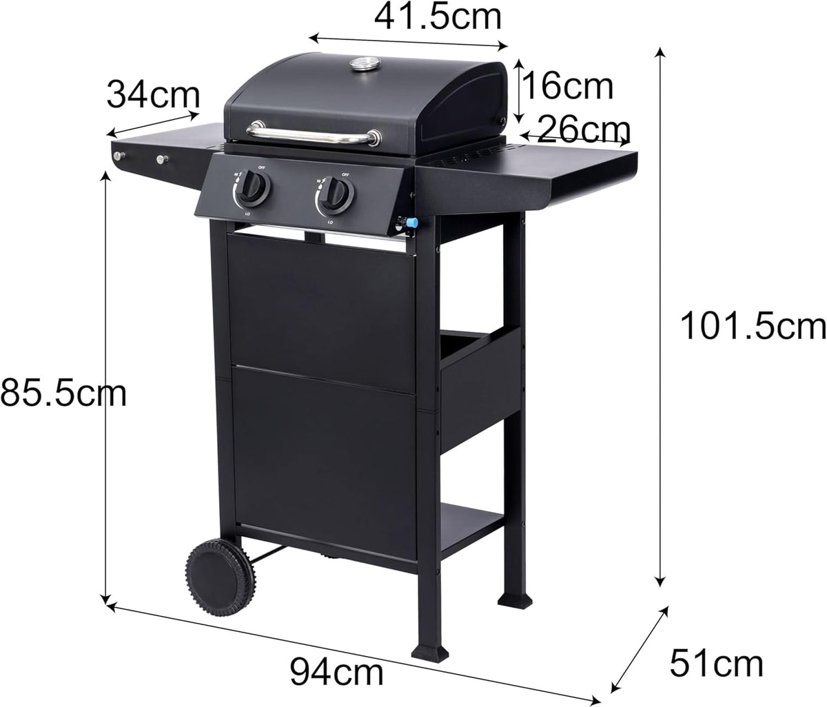 Grill gazowy San Jose 2 palniki firmy El Fuego®, w zestawie wąż gazowy i reduktor ciśnienia, ruszt do grillowania z żeliwa, z termometrem i dużymi półkami bocznymi, grill BBQ | AY0204