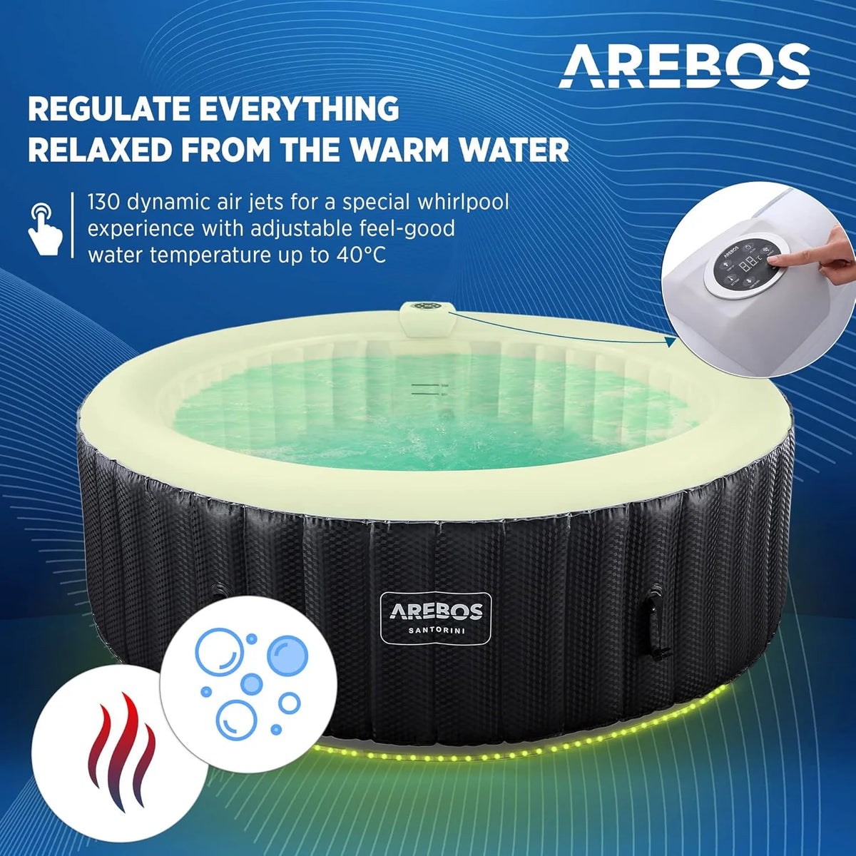 Arebos Nadmuchiwane Spa | Automatyczny nadmuchiwany | do wnętrz i na zewnątrz | 208 cm | 6 osób | Listwa świetlna LED | 130 dysz masujących | 1000 litrów | z pokrywką | Spa i dobre samopoczucie
