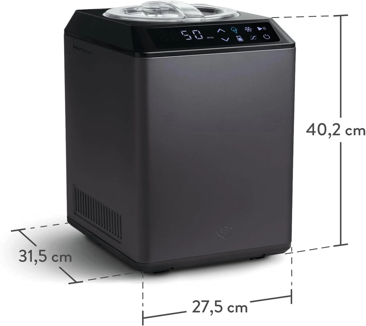 SPRINGLANE maszyna do lodów i jogurtów Erika 2,5 l z samochłodzącym kompresorem 250 W, maszyna do lodów ze stali nierdzewnej z funkcją chłodzenia i ogrzewania, w zestawie zeszyt z przepisami + 2