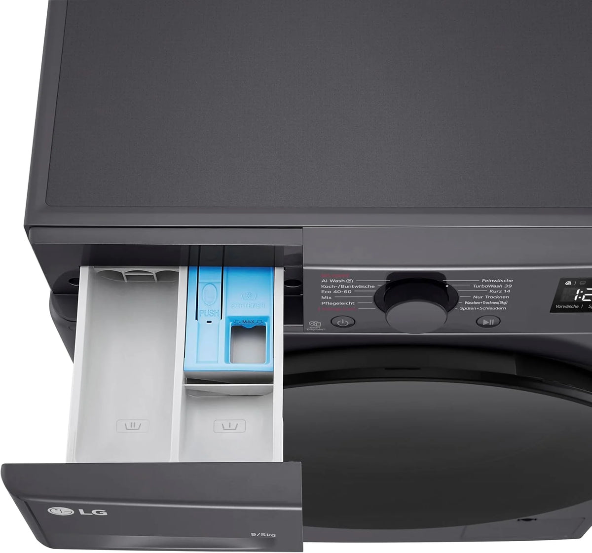 LG V5WD95SLIMB, klasa A/E, SLIM pralko-suszarka, 9-5 kg prania/suszenia, Wi-Fi, AI Direct Drive, głębokie czyszczenie parą, TurboWash 360°, bezpieczne drzwi szklane, AquaLock, 60 x 53,5 x 85 cm,