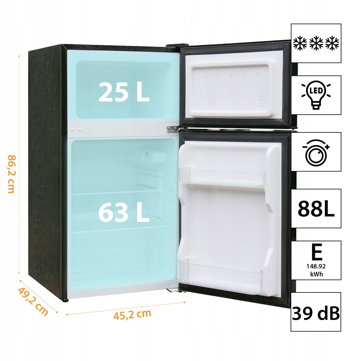 LODÓWKA MAŁA chłodziarka zamrażarka hotelowa biurowa srebrna LED 88l. 86cm