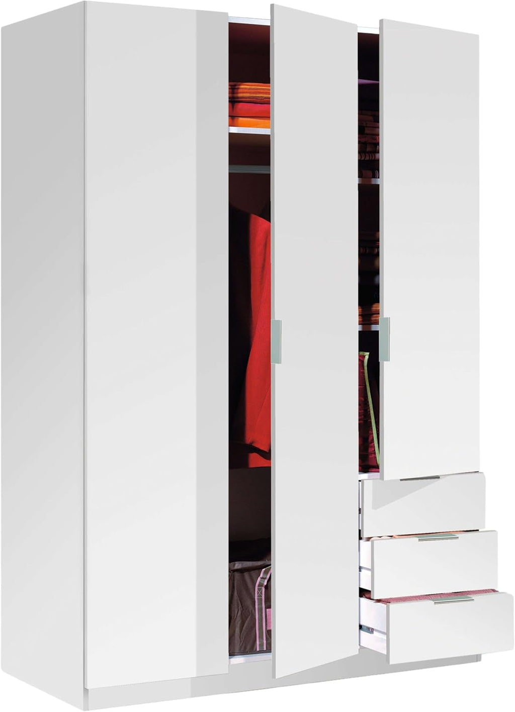 Szafa ubraniowa Habitdesign z trzema drzwiami i trzema szufladami, wykończenie w kolorze Artic White, wymiary: 121 cm (szer.) x 180 cm (wys.) x 52 cm (gł.)