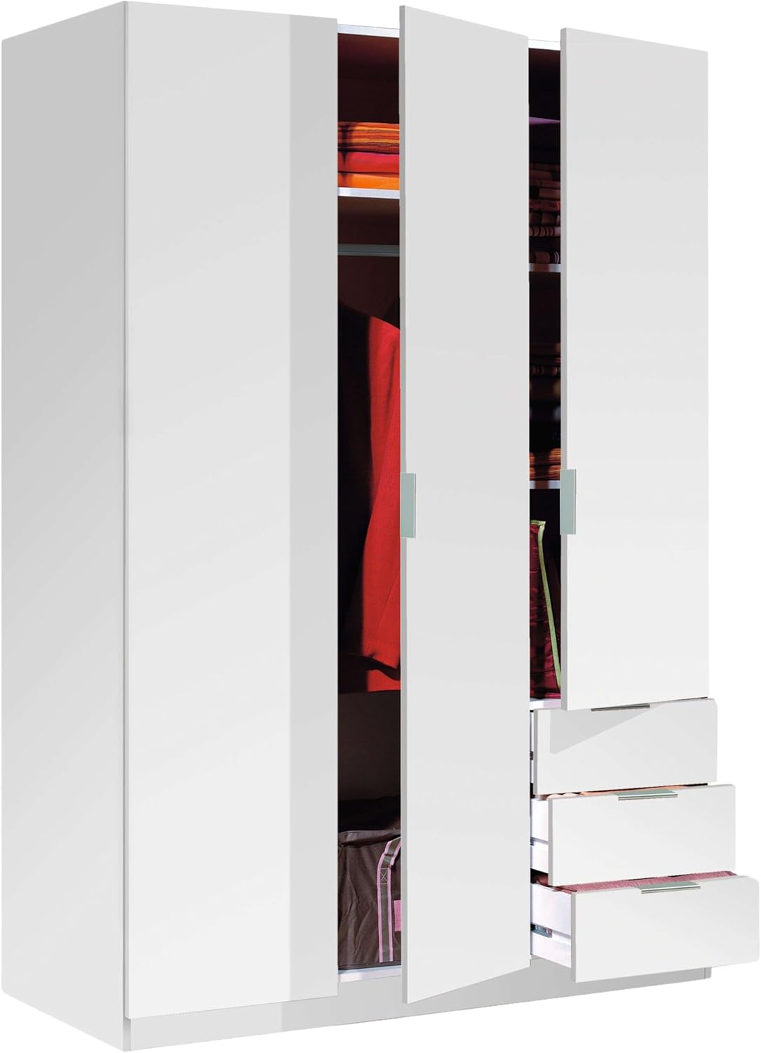 Szafa ubraniowa Habitdesign z trzema drzwiami i trzema szufladami, wykończenie w kolorze Artic White, wymiary: 121 cm (szer.) x 180 cm (wys.) x 52 cm (gł.)