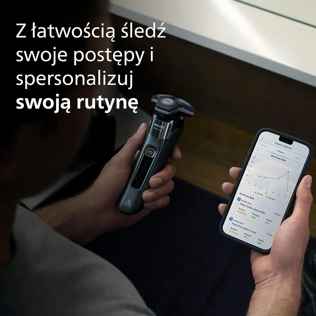 Philips Golarka Series 7000 – golarka elektryczna do golenia na mokro i na sucho z technologią SkinIQ z wysuwanym trymerem, pojemnikiem do szybkiego czyszczenia i wkładem, Philips One Blade