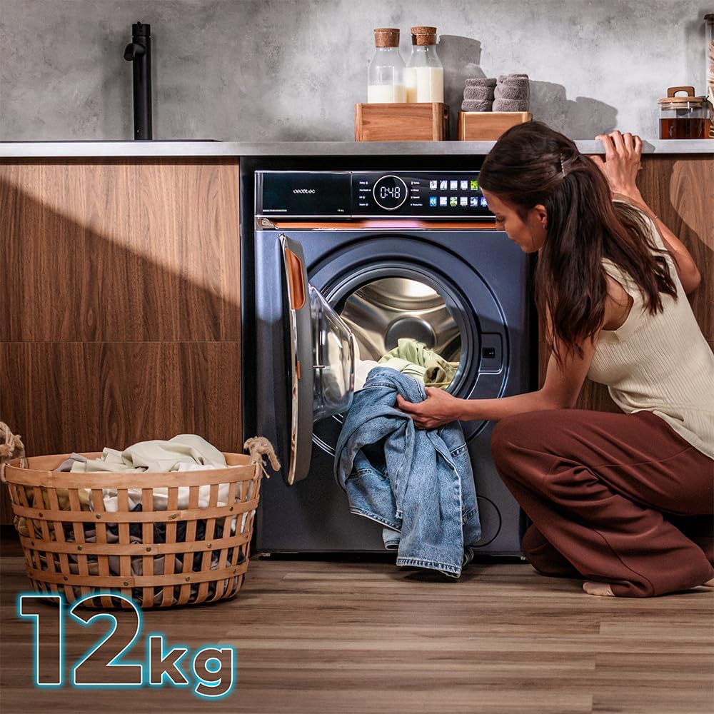 Cecotec Pralka 12 kg Bolero Charge Front DressCode 12980 Direct Drive Blue A. 1400RPM, Motor Direct Drive, Niskie zużycie energii, pełny kolor, wykończenie imitacja skóry, drzwi XXL, światło UV i para